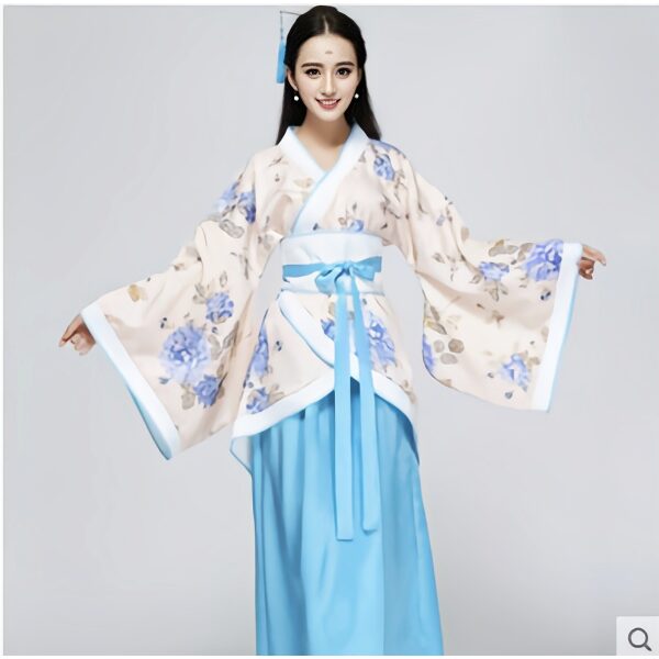 Cream Flower Printed Traditional Hanfu Dress with Blue Skirt (FCC8)